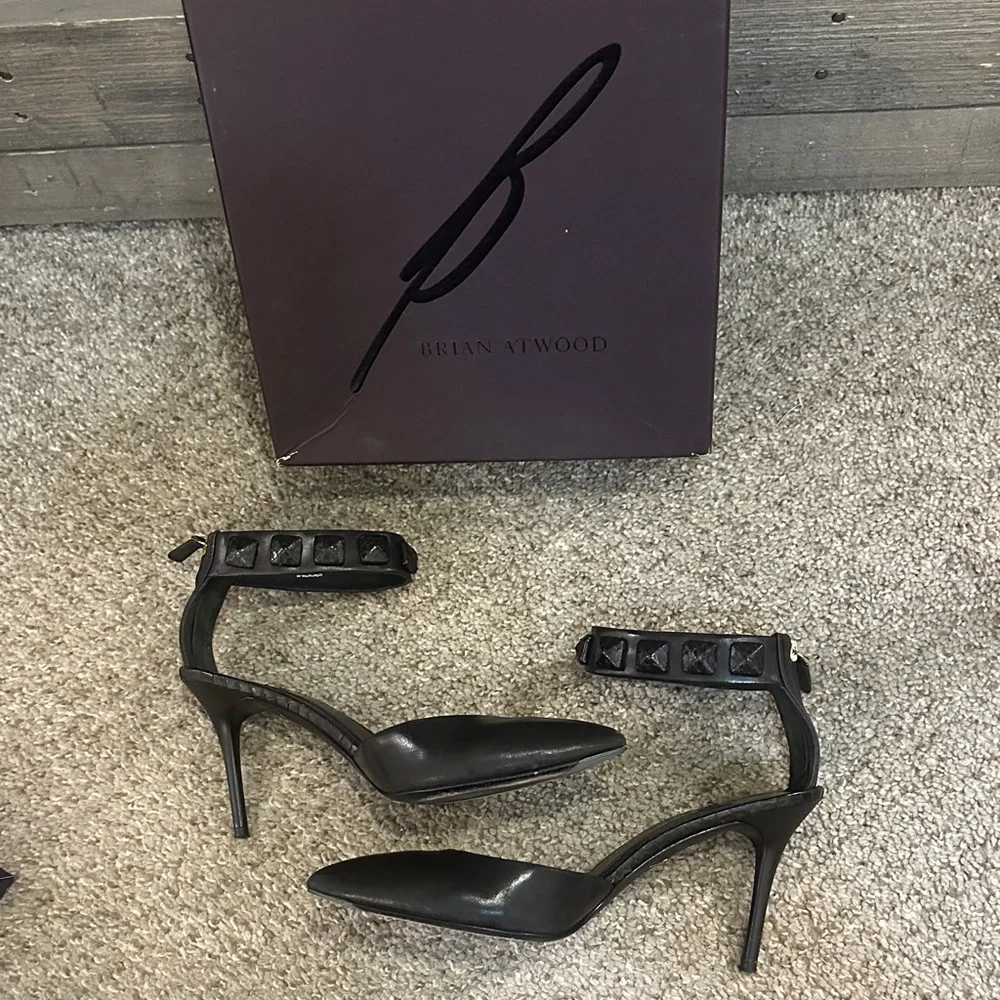 Brian Atwood Black Leather Studded Back Zip D'Orsay Ankle Band Stiletto's | 7.5